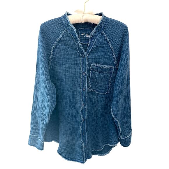 AERIE | Blue Crinkle Gauze Button Front Shirt Oversized Boho Top | XS - Picture 1 of 6